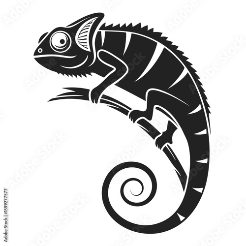 A black silhouette of a chameleon is clinging to a branch with its tail curled in a