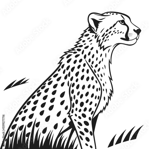 A black and white illustration of a cheetah sitting in the grass looking alert and