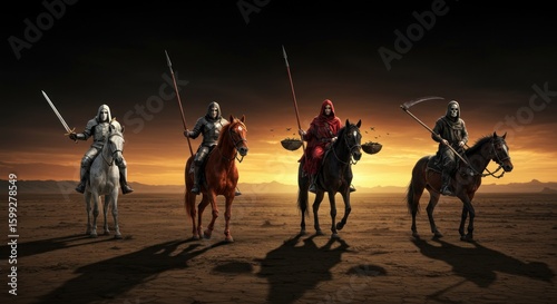Four riders on horseback at sunset