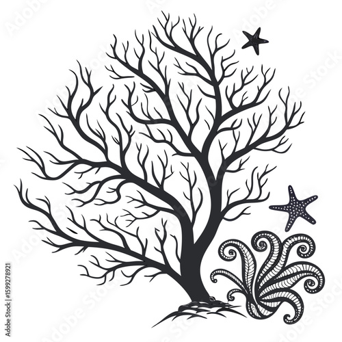 A black and white vector illustration of coral and seaweed with starfish in the