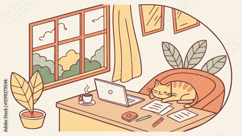 Illustration of a cozy room with a cat sleeping on a chair near a desk with a laptop and coffee