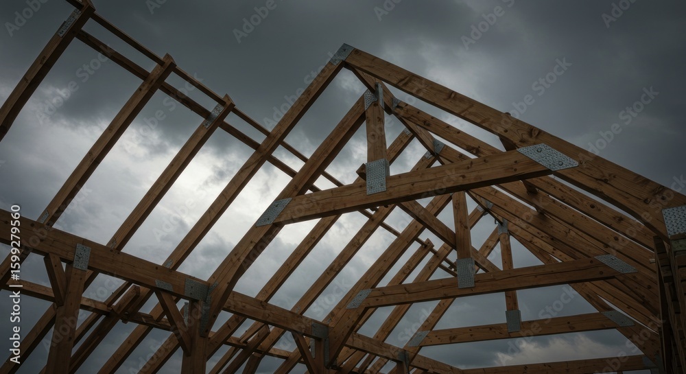 Fototapeta premium Wooden roof structure under construction (1)