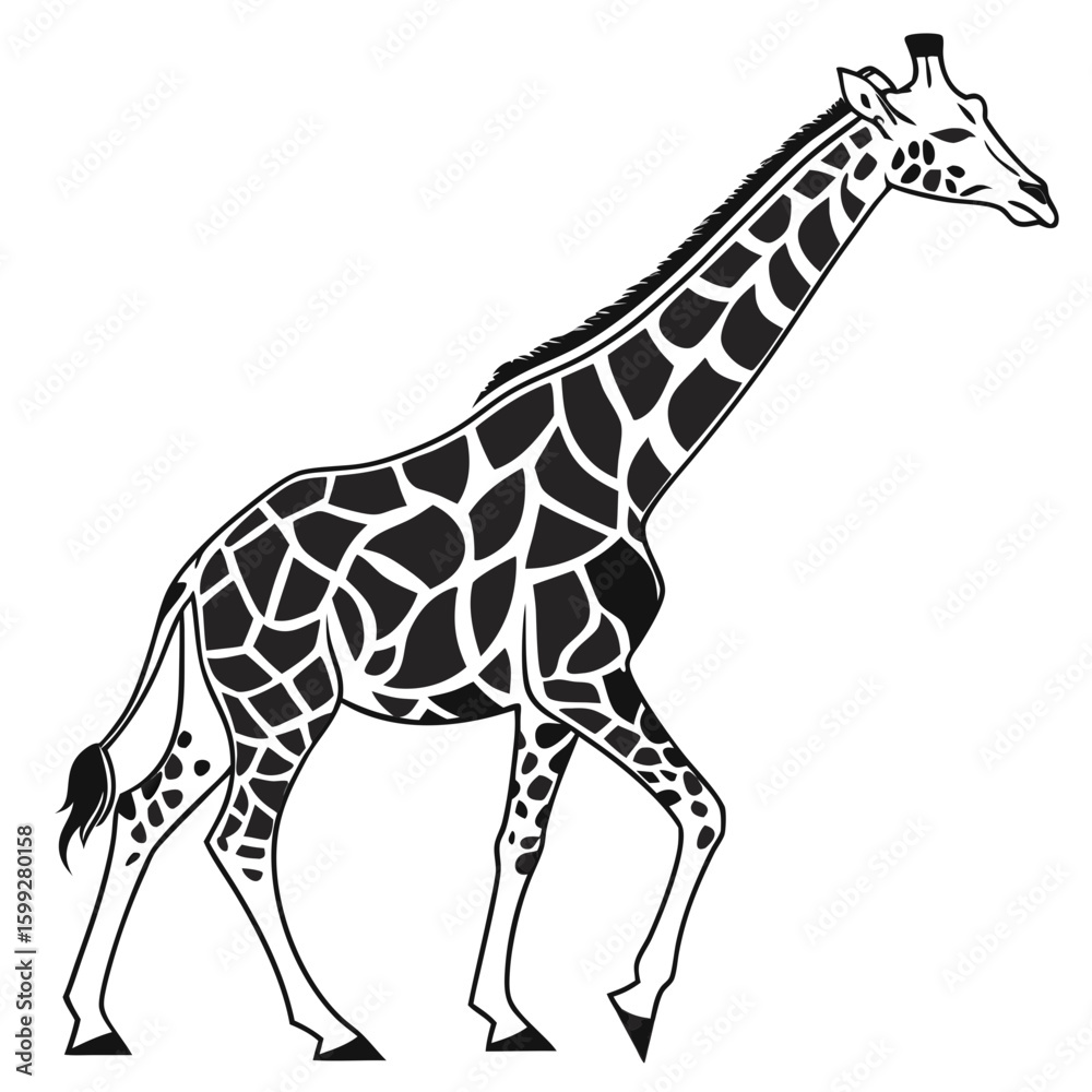 Fototapeta premium A black and white illustration portrays a giraffe walking showcasing its
