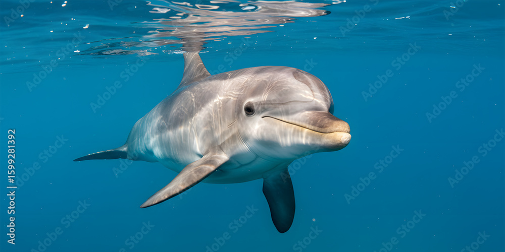 Fototapeta premium Bottlenose Dolphin Underwater Portrait Curious Gaze Vibrant Blue Ocean.