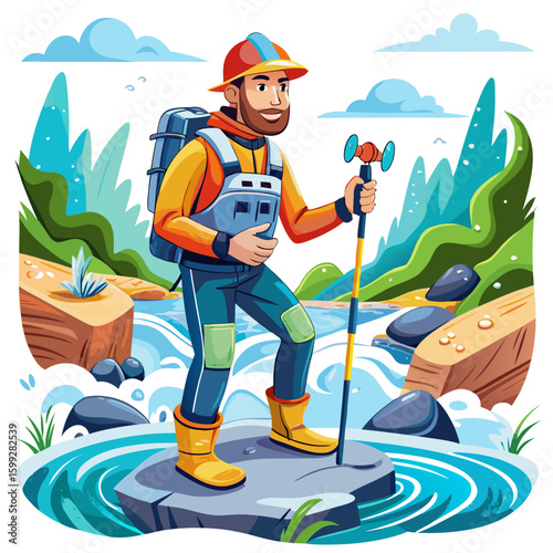 Hydrologist Measuring River Flow Vector Illustration
