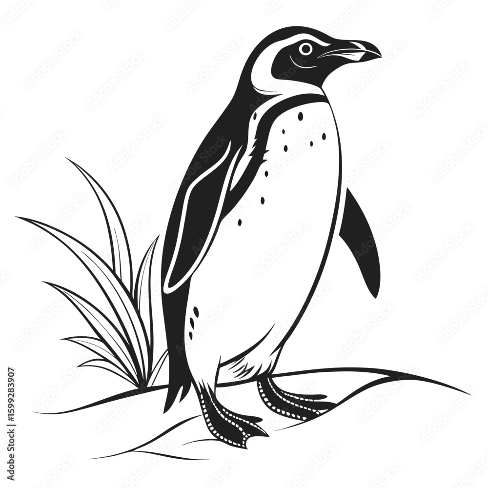 Fototapeta premium A black and white penguin stands near some grass looking towards the horizon with a