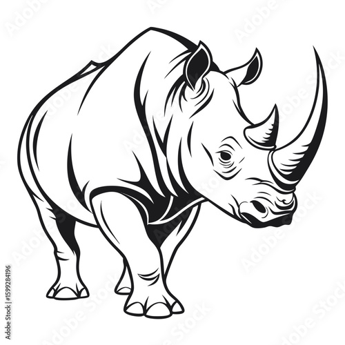 A detailed black and white rhino illustration with strong outlines stands on a