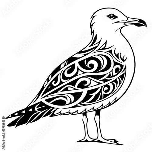 A stylized seagull illustration with intricate tribal patterns adorning its