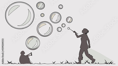 Silhouette of two people blowing bubbles in a field with many bubbles floating in the air around them