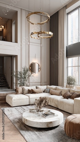 Elegant living room with beige sectional, round marble table, and ornate golden light