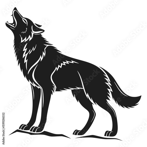 A black silhouette of a wolf howling with its head tilted upward standing on a rock on