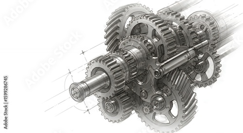Mechanical Gear System in Technical Illustration for Engineering and Manufacturing