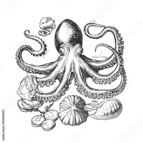 Seafood animal with an octopus illustration drawing white vector