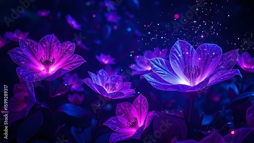 Mystical Blooms: A captivating array of luminescent flowers, glowing with vibrant shades of violet and purple, create a fantasy-like scene of beauty.