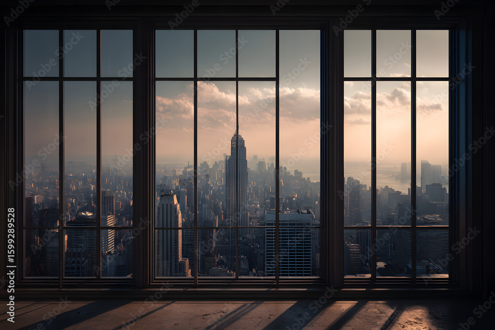 Fototapeta premium Stunning Urban Skyline View from a High-Rise Building Window