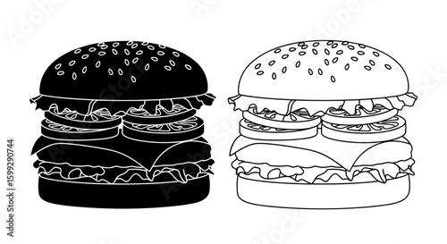 Two stylized burgers one in black fill and one in outline with sesame seed buns