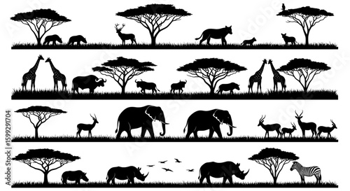 set of animals vector silhouettes icon , silhouettes of african wildlife and trees in horizontal rows on white background 