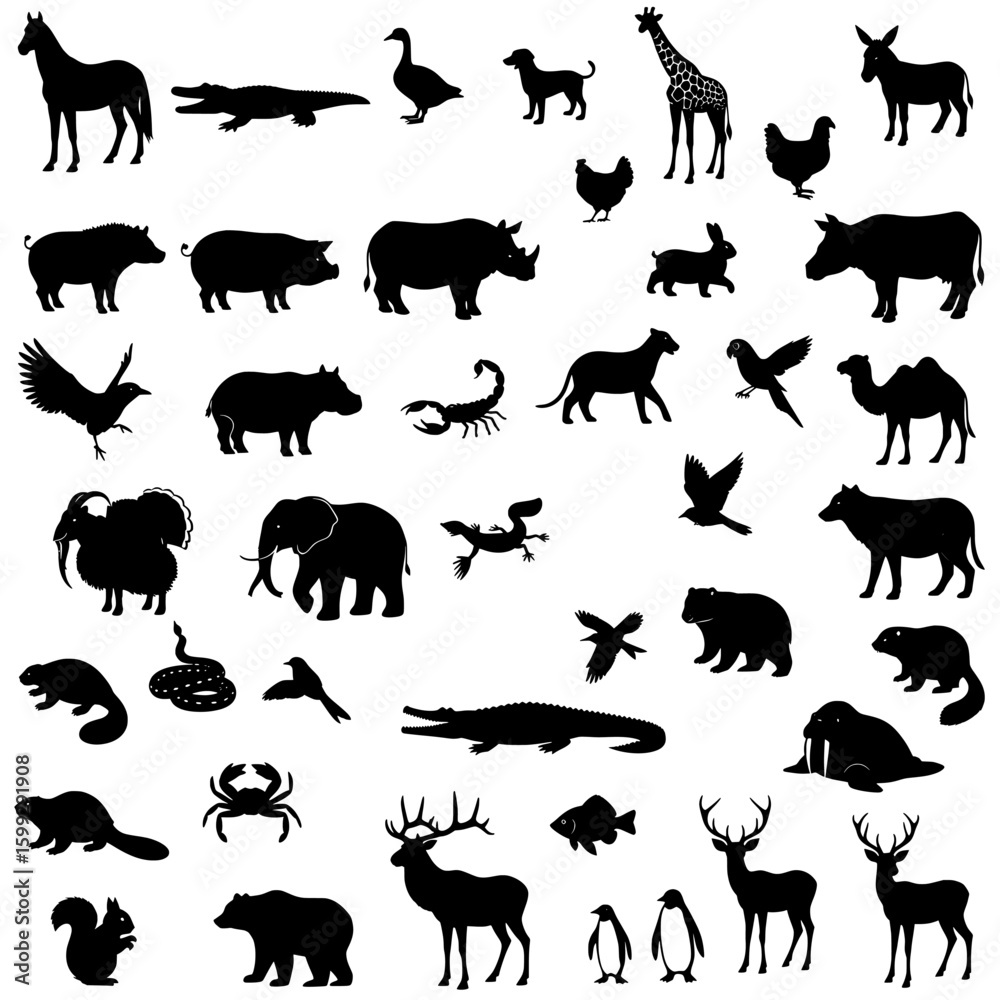 Fototapeta premium wild animals silhouettes collection of diverse animals including mammals birds reptiles 