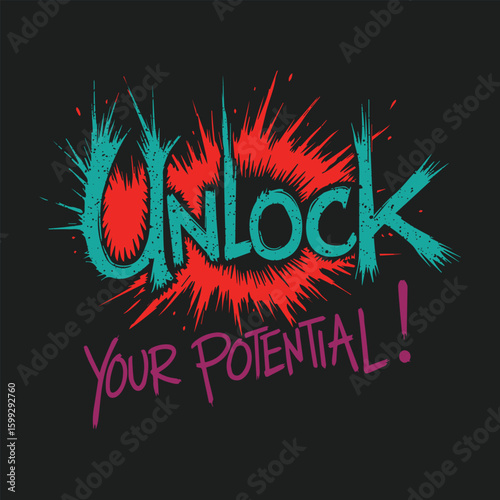 Motivational quotes, grungy typographic T-shirt design, Unlock your Potential,