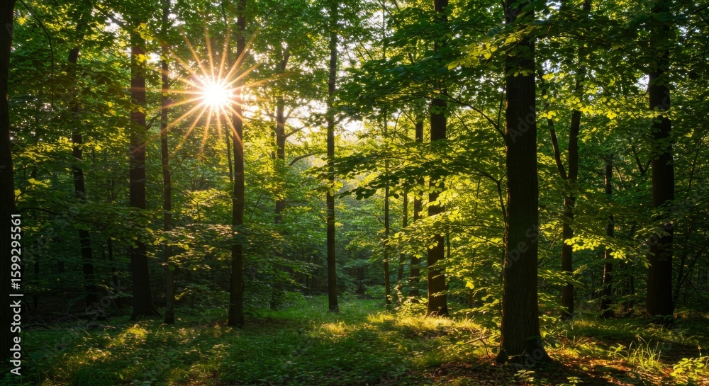 Obraz premium Sunlit Green Forest Landscape