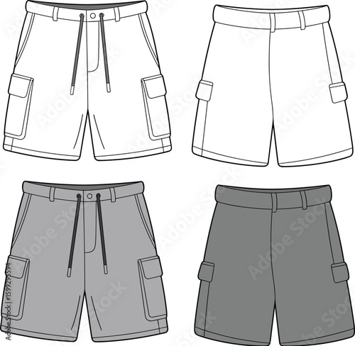 Men cargo shorts front and back view, fashion flat sketch, technical vector template, casual apparel design, detailed garment illustration drawing
