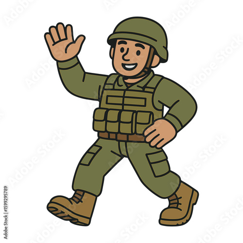 Cartoon soldier waving happily vector