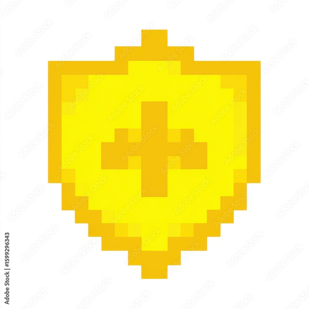 Obraz premium Yellow Pixel Art Shield with Plus Sign