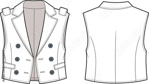 Double breasted sleeveless vest, lapel collar, front buttons, pocket flap detail, tailored fit, fashion sketch, vector flat, CAD drawing