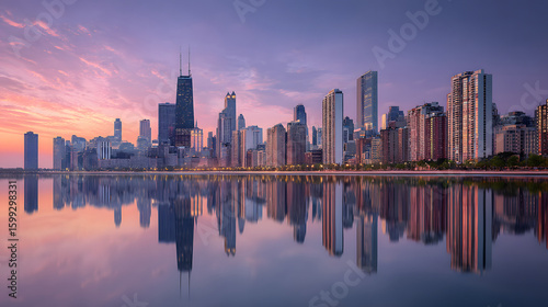 Stunning Chicago Skyline at Sunrise with Reflective Water Surface