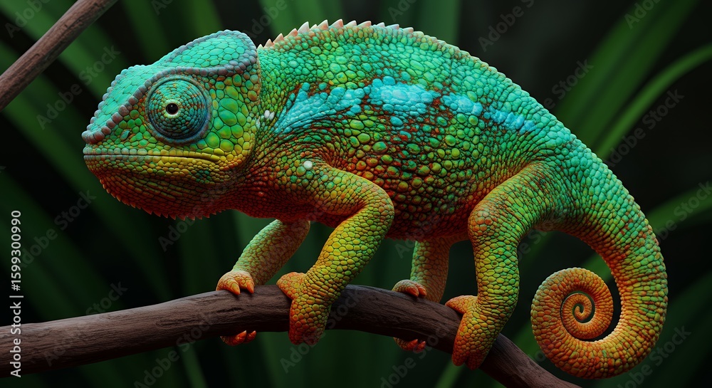 Obraz premium Colorful Chameleon Perched on Branch in Natural Environment