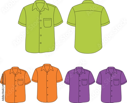 Men short sleeve shirt flat front back view, colorful button up pocket design, cad drawing fashion vector illustration template