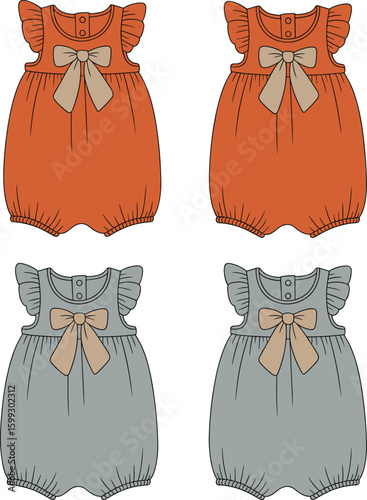 Baby romper front and back view, cute bow detail, ruffle sleeve outfit, flat fashion sketch, cad drawing, vector illustration template