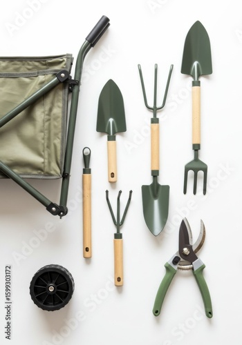 Olive Green Gardening Tools and Cart on White