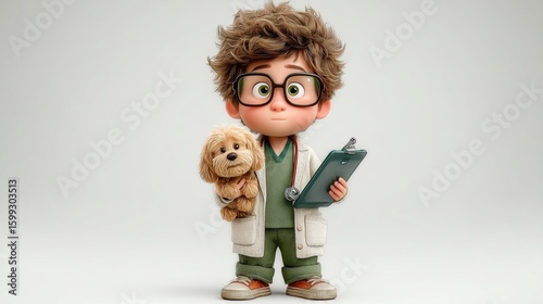 A cartoon boy vet holds a cute dog and clipboard, ready to care for his furry patients.