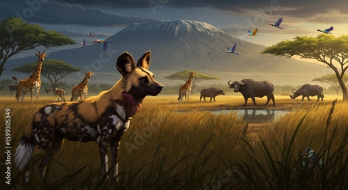 Wildlife Scene with Hyena Giraffes Baboons Elephants and Birds in Savanna Landscape at Sunset