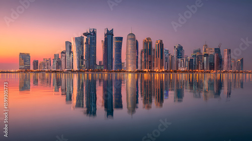 Stunning Doha Skyline at Sunset with Reflection in Water