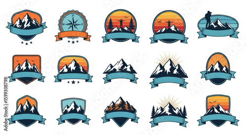 Vector Mountain Badges Collection with Blank Ribbon Banners – Hiking, Camping, Adventure Emblems