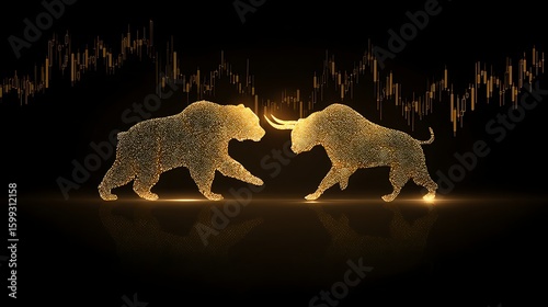 The silhouette of a golden bull and a black bear fiercely confront each other on a dark candlestick chart background, giving a luxurious and tense feeling, suitable for high-end stock markets.
