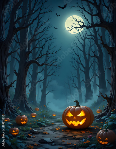 Multiple pumpkins in a spooky wooded area under soft moonlight, perfect for Halloween-themed backgrounds or visual stories.