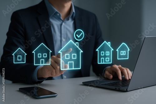 Businessman reviews real estate documents on laptop, Online property management, Digital housing contract, investment planning, Smart organization of real estate transactions using modern tools.