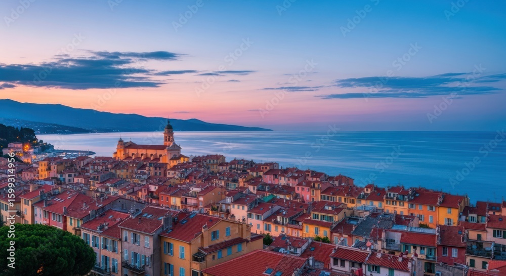 Naklejka premium Coastal town at sunset, terracotta roofs, hazy sky