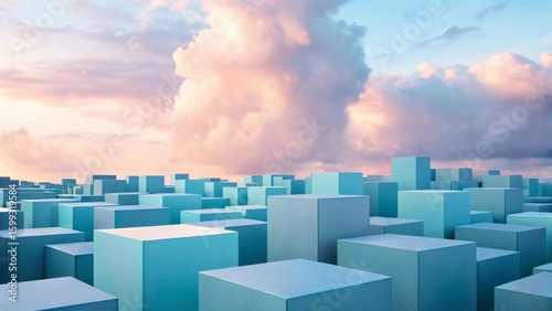 Abstract Futuristic Cityscape with Pastel Blue Cubes and Floating Clouds in Dreamlike Sky.
