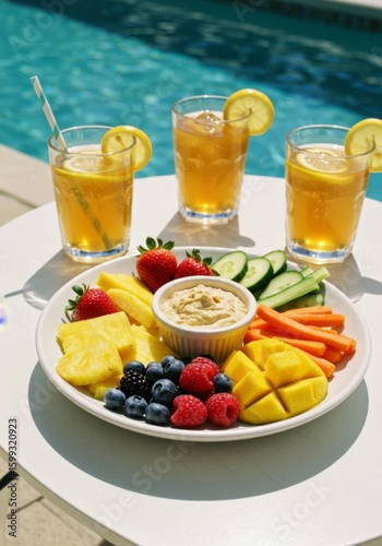 Colorful Fruit And Vegetable Platter With Hummus Dip And Iced Tea By Pool