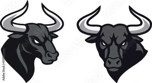 A collection of two aggressive bull head illustrations in bold vector mascot style. Designed with sharp lines, strong expressions, and limited color palette, perfect for sports team logos, branding, o