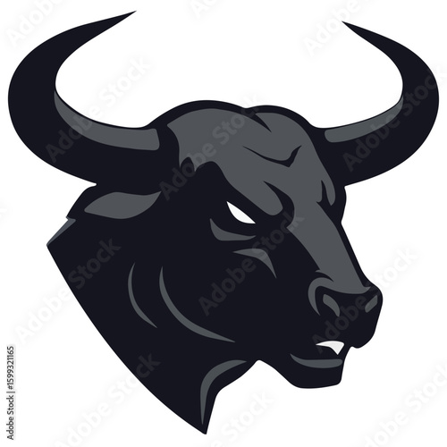 A bold and aggressive vector illustration of a bull head logo in dark tones. Perfect for sports teams, gaming mascots, branding, or strength-related themes. The bull features sharp horns