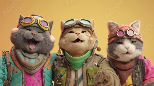 Three Happy Cats in Aviator Gear Smiling Together