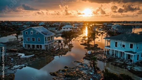 Flooded houses after a hurricane at sunset. Catastrophic damage and floodwater cover houses in coastal town after severe storm.