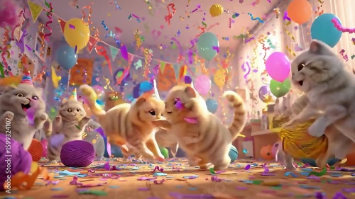 Party Cats Celebrate: Kittens Dancing in Confetti and Balloons