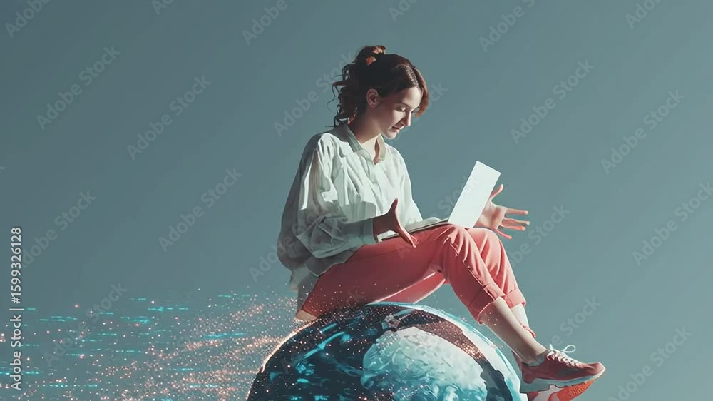 Young Woman with Laptop on Digital Globe Surrounded by Data Particles with ai generated