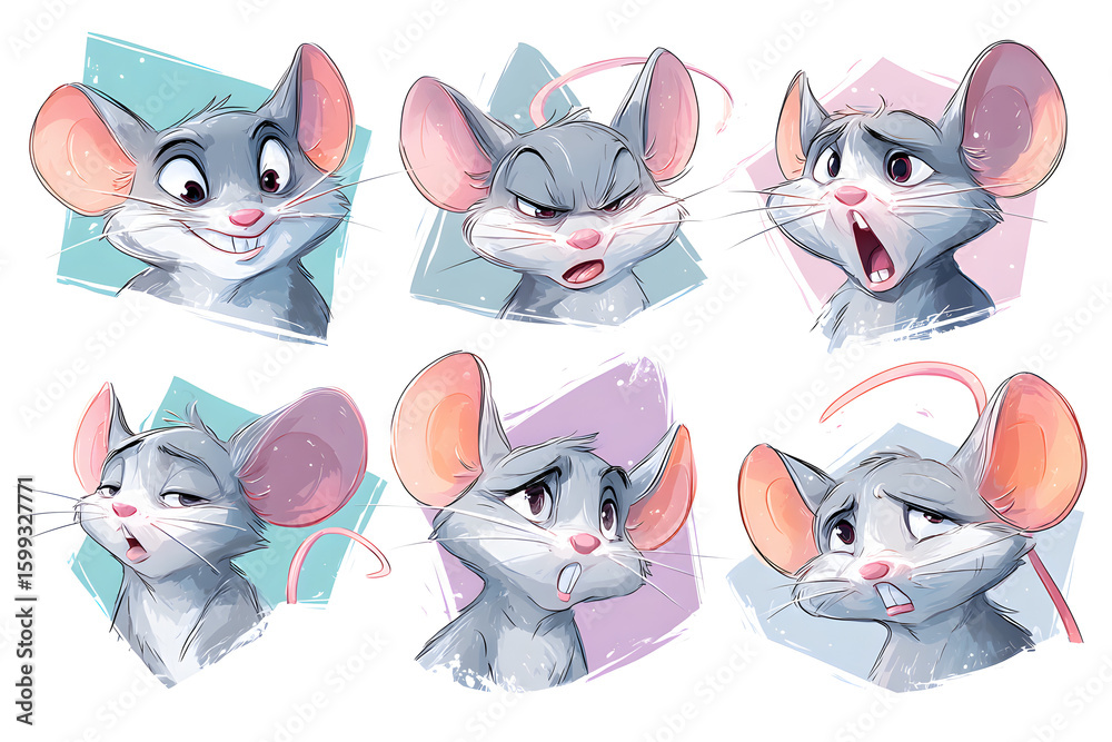 Obraz premium Cute Cartoon Mouse Emotions Collection with Expressive Facial Features